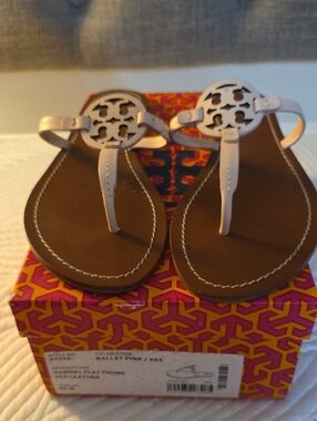 Tory Burch Ballet Pink Miller Logo Thong Sandals with Brown Footbed